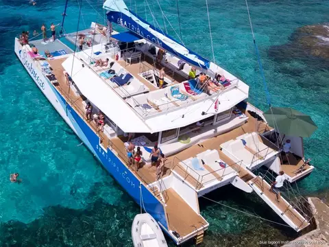 Shaded seating area on the Blue Lagoon catamaran